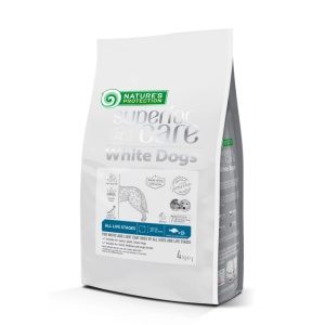 Superior Care White Dogs Grain Free All Life Stages cu Peste Alb - Hrana uscata super premium fara gluten pentru cainii de toate taliile si varstele cu blana deschisa la culoare, 4kg