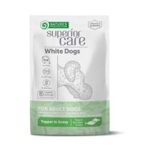 Superior Care White Dogs Topper Caini Adulti cu Ton si Biban in Sos - Gustare complementara Super Premium, pentru cainii adulti cu blana alba sau deschisa, 70g