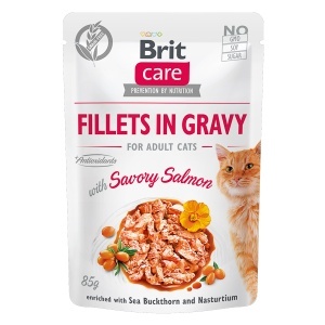 Brit Care Cat Fillets in Gravy With Savory Salmon - Hrana umeda cu fileuri de somon pentru pisici adulte, 85g