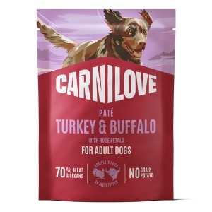 Carnilove Dog Pouch Pate Turkey & Buffalo with Rose Petals – Hrana umeda completa cu curcan si bivol pentru caini adulti, 300 g