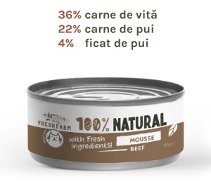 Fresh Farm Mousse pate with beef - Hrana umeda completa tip pateu pentru pisici adulte, 85 gr