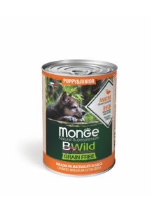 Monge BWild Grain Free Cut Chunks Puppy & Junior cu Rata, Dovleac si Dovlecel – hrana umeda completa pentru catei, 400 g
