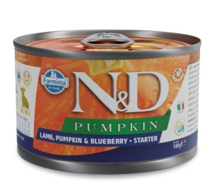N&D Pumpkin Miel, Dovleac & Afine Starter Mini - Hrana Umeda cu miel pentru Pui de Caine de talie mica, 140g - Img 1