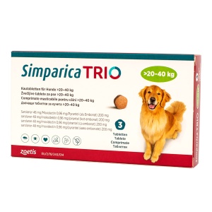 Simparica Trio 20-40 kg pentru caini – Pastile antiparazitare purici, capuse și viermi, 3 comprimate