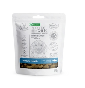 Superior Care White Dogs Grain Free Snacks Immune Health cu Hering - Recompense pentru sustinerea imunitara cu hering pentru caini adulti cu blana alba, 150gr