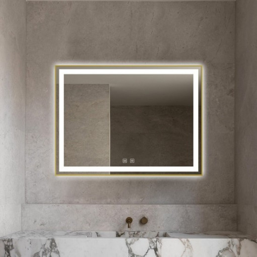 Oglindă Baie LED și Dezaburire Elit's Premium cu Senzor Touch, Lumina Rece, Caldă și Neutră, 80x60cm, cu rama Bronz Antichizat