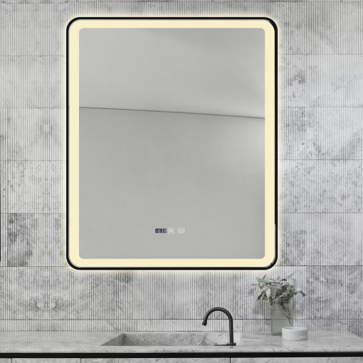 Oglindă Baie LED și Dezaburire Elit's Premium cu Senzor Touch, Lumina Rece, Caldă și Neutră, 60x100cm, cu rama Negru Antichizat, Ceas