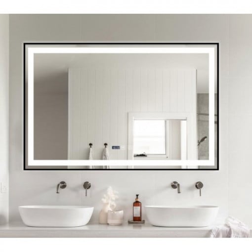 Oglindă Baie LED și Dezaburire Elit's Premium cu Senzor Touch, Lumina Rece, Caldă și Neutră, 100x65cm, cu rama Negru Antichizat, Ceas