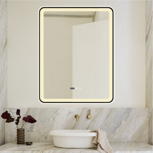 Oglindă Baie LED și Dezaburire Elit's Premium cu Senzor Touch, Lumina Rece, Caldă și Neutră, 70x90cm, cu rama Negru Antichizat, Ceas