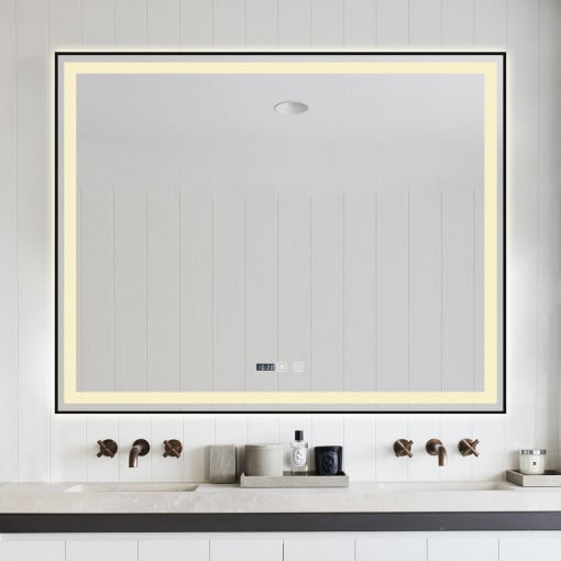 Oglindă Baie LED și Dezaburire Elit's Premium cu Senzor Touch, Lumina Rece, Caldă și Neutră, 100x80 cm, cu rama Negru Antichizat, Ceas