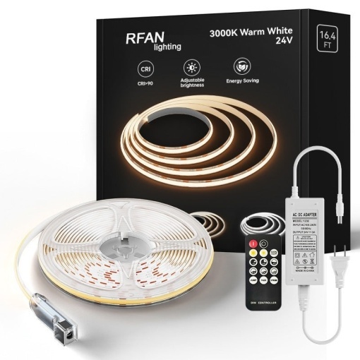 Kit Bandă LED COB cu Telecomandă – 5 m, Lumină Caldă 3000 K, 14 W/m, 24 V, Transformator 72 W 💡