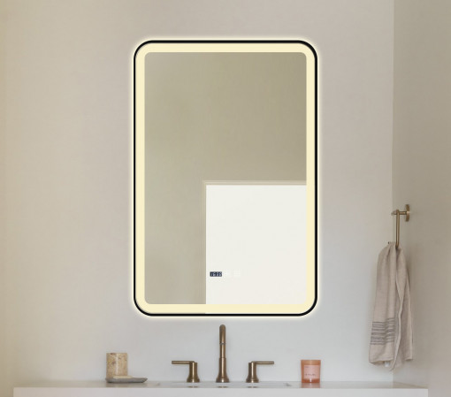 Oglindă Baie LED și Dezaburire Elit's Premium cu Senzor Touch, Lumina Rece, Caldă și Neutră, 60x90cm, cu rama Negru Antichizat, Ceas