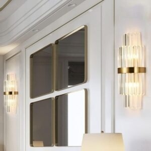 Aplică Aurie cu Cristale – 2 Fasunguri E14, Design Elegant din Metal și Cristal, 36×20×10 cm - Img 3