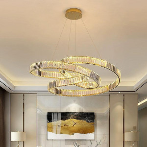 Lustra LED Tip Pendul Ruwayda Two, Cu Telecomanda, 3 Tipuri De Lumina, Inaltime Reglabila, 192W, Auriu - Img 1