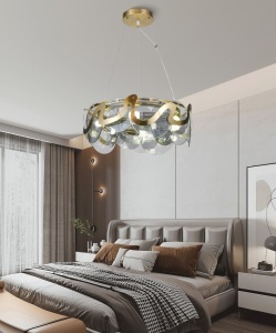 Lustră Suspendată din Sticlă – 10 Brațe, Fasung E14, Design Auriu Elegant, Ø75 cm, Înălțime Reglabilă - Img 1