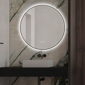 🪞 Oglindă LED cu Touch și Funcție Dezaburire, 3 Tipuri de Lumină – Ø70 cm, Ramă Negru Mat, Model J188-70 Smack