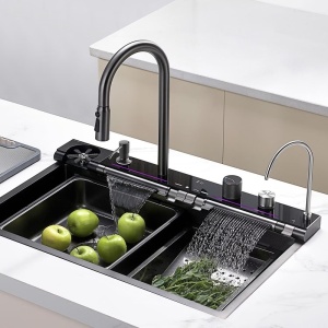 Chiuveta Bucatarie Multifunctionala LS cu LED, Inox, Gri Inchis – Negru 75×45 cm - Img 1