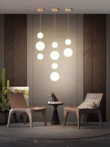 Pendul LED cu 3 Tipuri de Lumina, Inaltime Reglabila, Doua Globuri, 40W, Auriu - Img 1