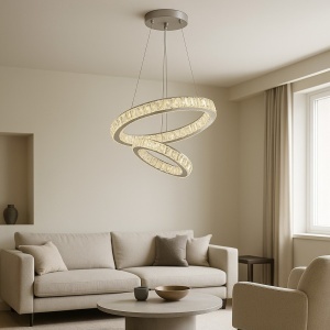 Pendul LED cu Inele de Cristal, 100W, Ø500 + Ø300 mm, Înălțime Reglabilă 1200 mm, Lumină Reglabilă 3500K–6500K, Telecomandă 2.4G – Model 751-5+3