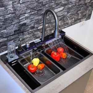 Chiuveta Bucatarie Multifunctionala cu LED LS , Inox, Gri Inchis – Negru 75×45 cm - Img 1