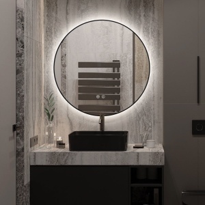 🪞 Oglindă LED cu Touch, Funcție Dezaburire și 3 Tipuri de Lumină – Model J188-60 Smack, Ø60 cm, Ramă Negru Mat