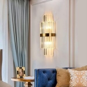 Aplică Aurie cu Cristale – 2 Fasunguri E14, Design Elegant din Metal și Cristal, 36×20×10 cm - Img 1