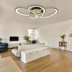 Lustra LED Maddy Two, Cu Telecomanda, 3 Tipuri De Lumina, Intensitate Reglabila, 103W, Negru/Auriu - Img 1