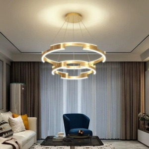 Lustra LED Suspendata Cu Telecomanda, 3 Tipuri De Lumina, Inaltime Reglabila, 85W, Auriu - Img 2