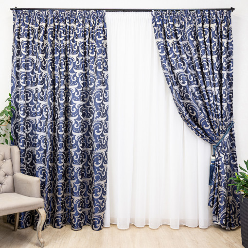 Set 3 piese , doua draperii Hiko Royal Garden albastru si o perdea Ana voal alb cu rejansa