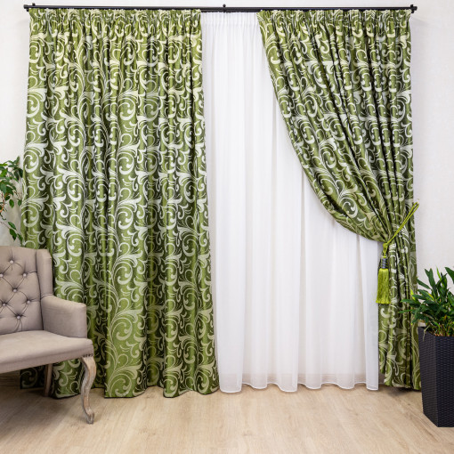 Set 3 piese , doua draperii Hiko Royal Garden verde parrot si o perdea Ana voal alb cu rejansa