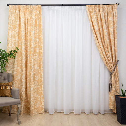 Set 3 piese, draperii Hiko Nostalgie Garden Wheat si o perdea din voal, cu rejansa