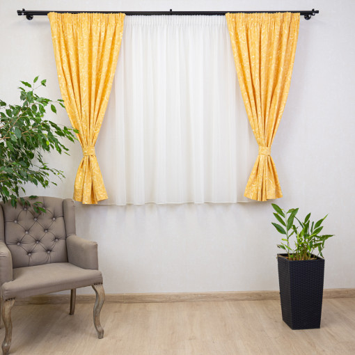 Set 5 piese Hiko Nostalgie, draperii scurte din bumbac galben cu doua bentite si o perdea Ana Soft, cu rejansa