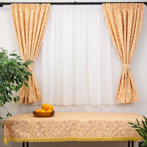 Set 5 piese draperii scurte, Hiko Nostalgie Garden orange, cu 2 bentite si o perdea Ana voal, cu rejansa