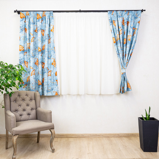 Set 5 piese draperii scurte Hiko Nostalgie Leaf bumbac albastru cu doua bentite si o perdea Ana Soft, cu rejansa