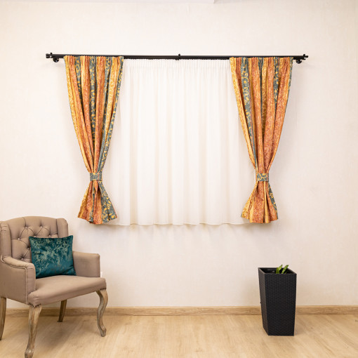 Set 5 piese Hiko Nostalgie, draperii scurte din bumbac kaki, colorat cu doua bentite si o perdea Ana Soft, cu rejansa
