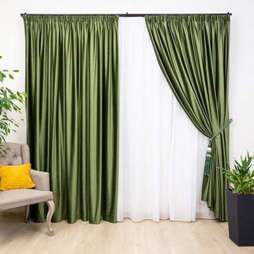 Set 3 piese Hiko, doua draperii Comfy catifea kaki si o perdea Ana voal, cu rejansa