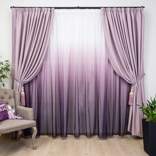 Set 3 piese Hiko, doua draperii opace, Hiko Blackout lavanda si o perdea New Degradee mov, cu rejansa