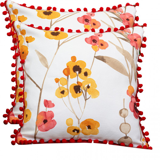 Set 2 perne decorative cu fata detasabila, Hiko Fantasy flori cu pom pom rosu 2x40x40cm