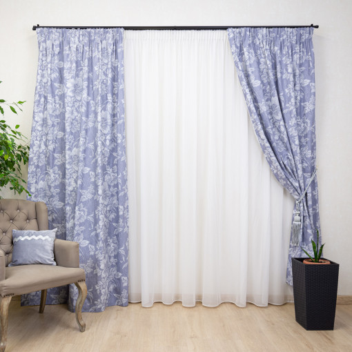 Set 3 piese, draperii Hiko Nostalgie Garden Albastru si o perdea din voal, cu rejansa