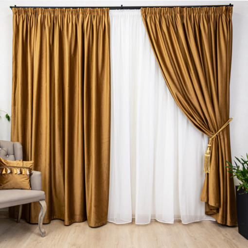 Set 3 piese Hiko, doua draperii COMFY catifea cognac si o perdea Ana voal, cu rejansa - Img 1