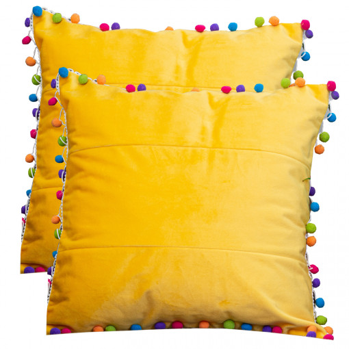 Set doua perne decorative cu fata detasabila, catifea galbena COMFY Fantasy cu pom pom colorati 2x40x40cm
