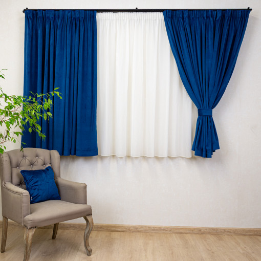 Set 2 draperii scurte cu doua benzi de prindere Hiko COMFY catifea albastru royal, cu rejansa