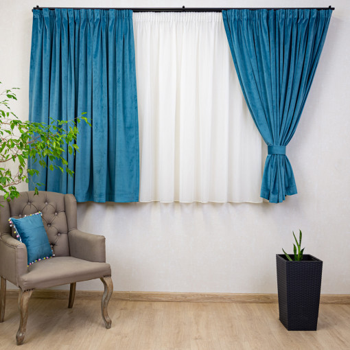 Set 2 draperii scurte cu doua benzi de prindere Hiko COMFY catifea Ocean Blue, cu rejansa
