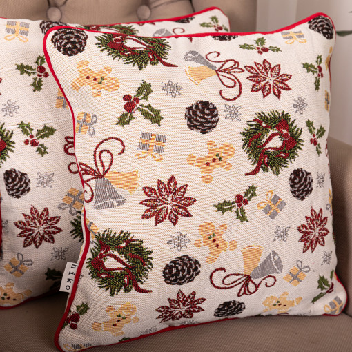 Set 2 perne decorative cu motive Caraciun, din tesatura plina cu fata detasabila, Hiko Christmas, cu vipusca din catifea rosie