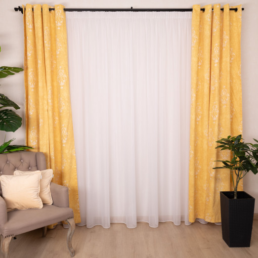 Set 3 piese Hiko, 2 draperii cu inele plastic, Nostalgie Chateau bumbac galben si o perdea Ana, crep fin, cu rejansa