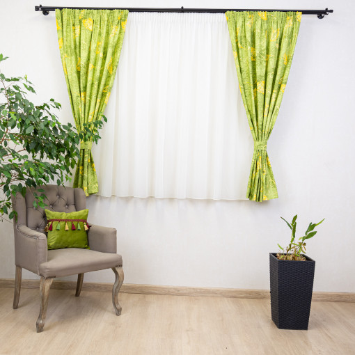 Set 5 piese draperii scurte Hiko Nostalgie Leaf bumbac verde cu doua bentite si o perdea Ana Soft, cu rejansa