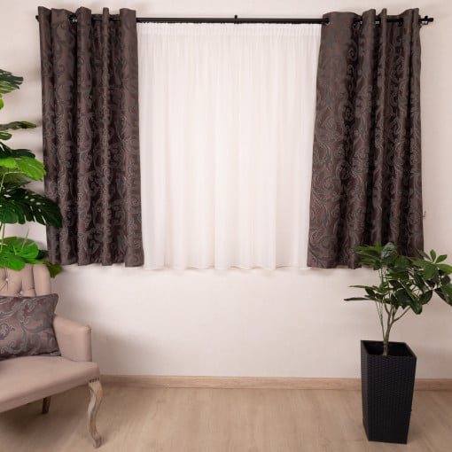 Set 2 draperii scurte, dimout, baroc Hiko Deluxe Versailles taupe / gri, cu inele alama
