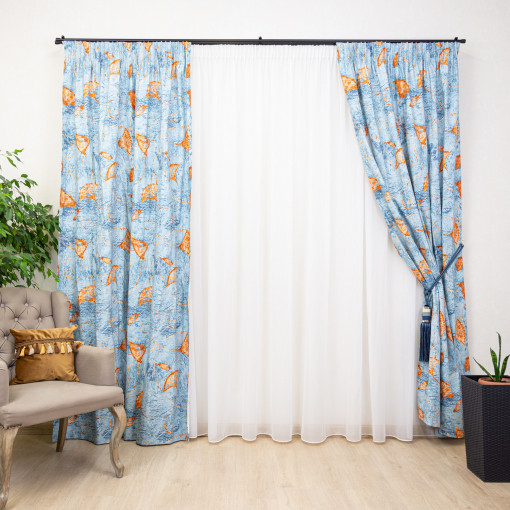 Set 3 piese, draperii Hiko Nostalgie Leaf bumbac albastru si o perdea din voal, cu rejansa