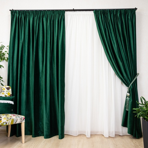 Set 3 piese Hiko, doua draperii Comfy catifea smaraldsi o perdea Ana voal, cu rejansa