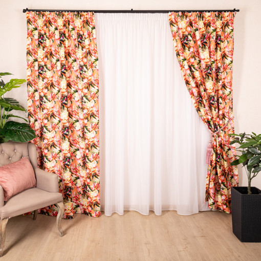 Set 3 piese Hiko Fantasy, 2 draperii orange Blumen si o perdea Ana voal, cu rejansa